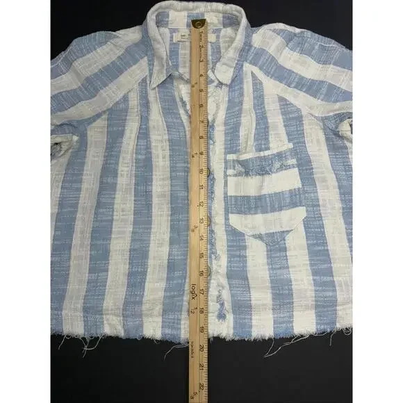 We the Free Classic Boho‎ Beach Gauze Cropped Fringe Striped Button Blouse Small - Picture 12 of 15